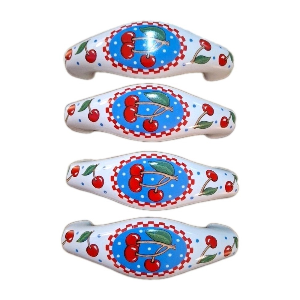 Vtg Mary Engelbreit Country Farmhouse Red White Cherry Cabinet Drawer Pulls (4)